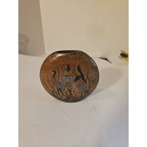 VINTAGE BRASS ENAMEL CLOISONNE FLOCK OF BIRDS BIRD VASE MADE IN INDIA 3.5"